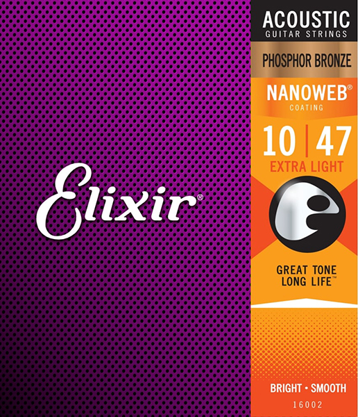 Elixir 16002 NANOWEB Комплект струн для акустической гитары, Extra Light, фосфорная бронза, 10-47