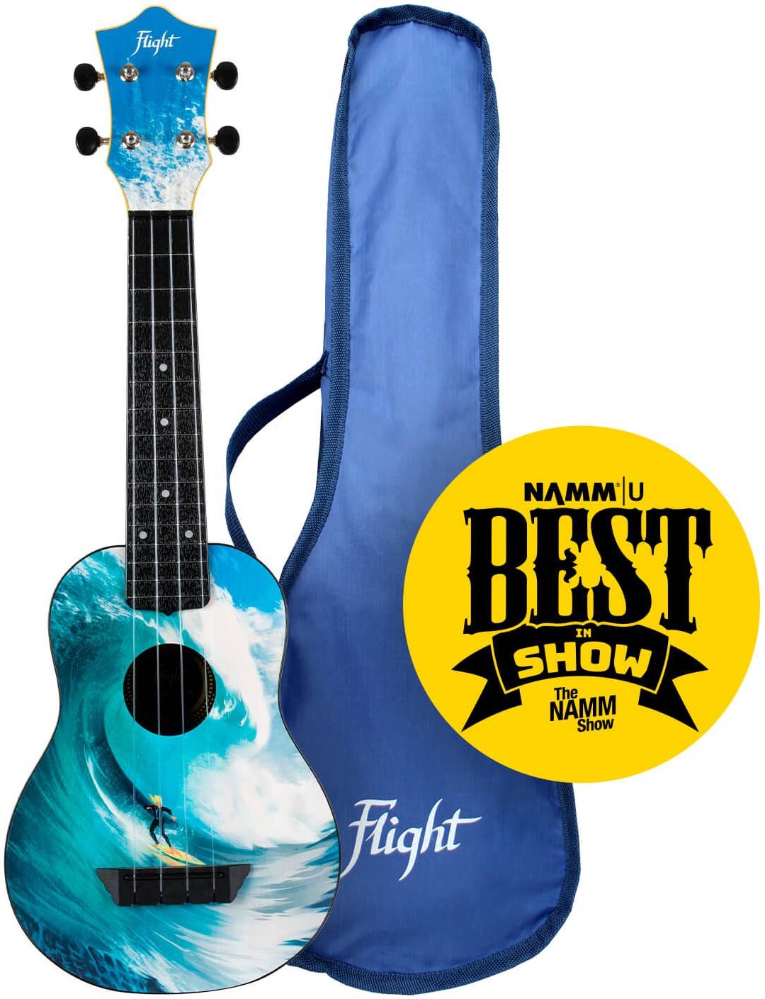 FLIGHT TUS 25 SURF - укулеле Travel, сопрано, черная с рисунком Серфер, пластик