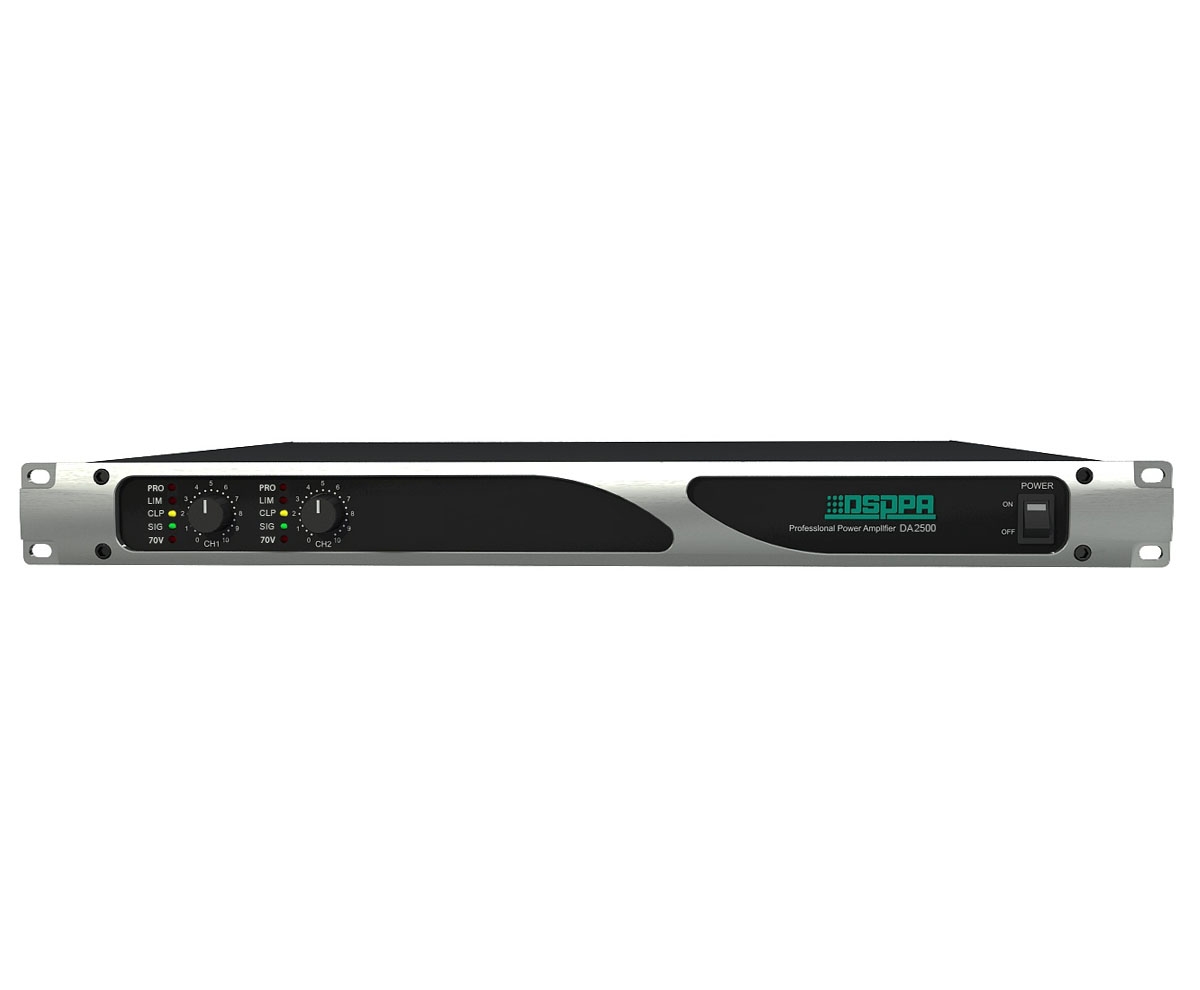 DSPPA DA-2500 2-канальный цифровой трансляционный усилитель мощности , 2х500 Вт-70В/100В/4Ом,  Питание AC 220В/ DC 24В. Высота 1U