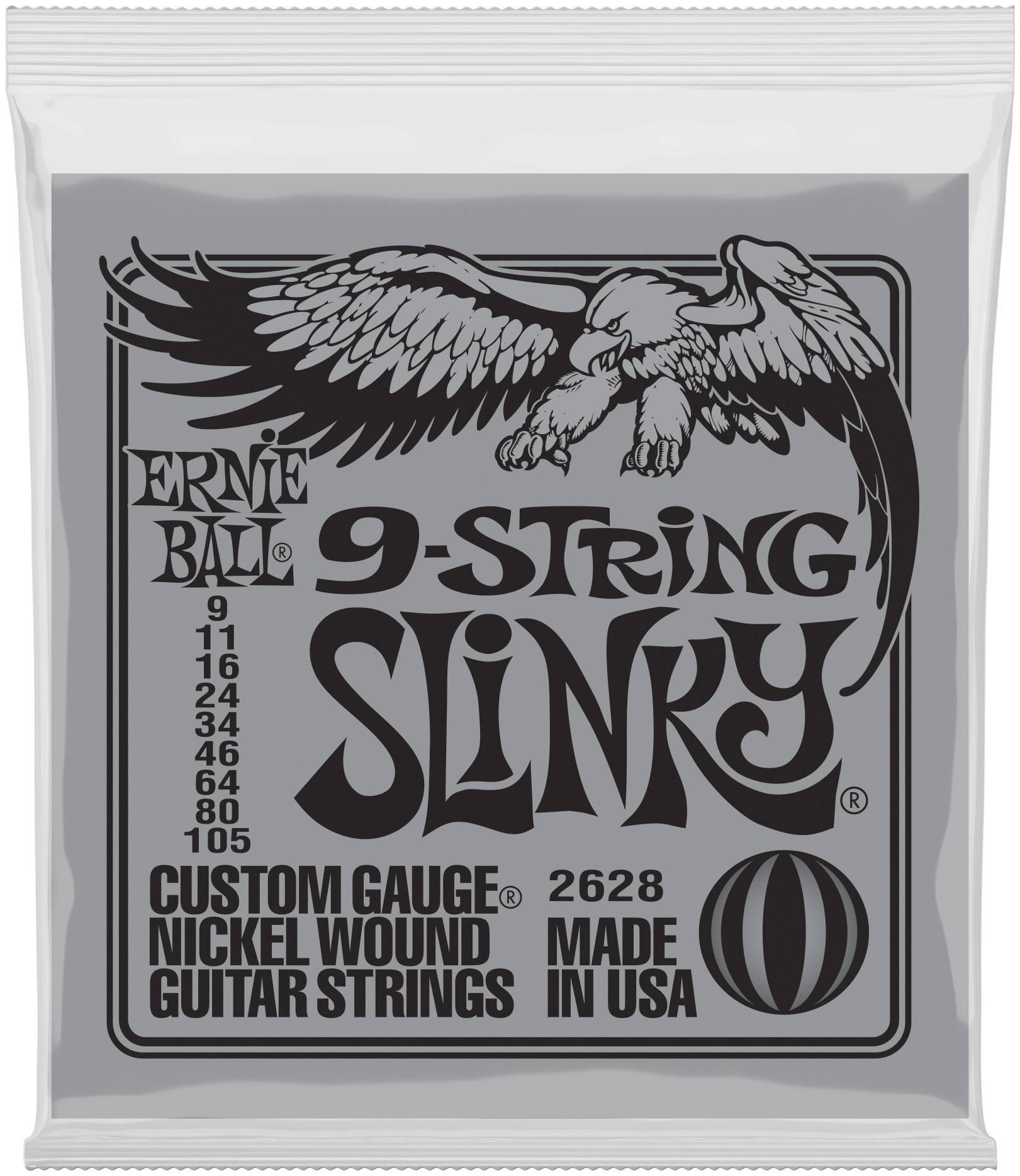 ERNIE BALL 2628 - струны для 9стр. эл.гитары Nickel Wound Slinky 9 (9-11-16-24-34-46-64-80-105)