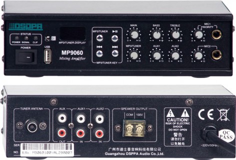 DSPPA MP-9060 Компактный комбинированный микшер-усилитель  60 Вт\100В, 3 микр и 2 AUX. входа 1 AUX выход Цифровой AM\FM тюнер, MP3 плеер, вход USB для FLASH памяти. Функция приоритетов. Фантомное питание. Питание 220В