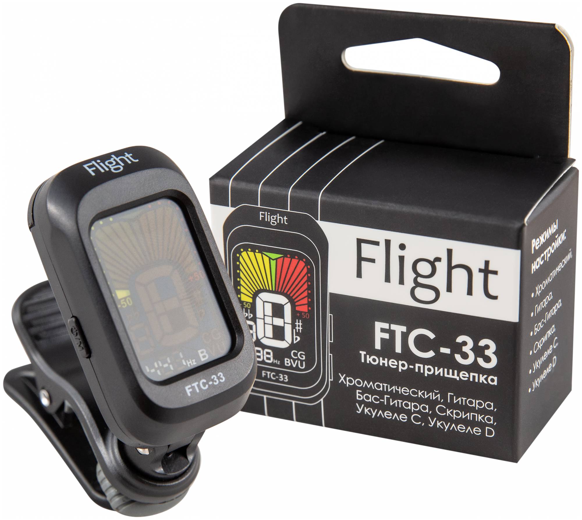 FLIGHT FTC-33 - хроматический тюнер-прищепка. Режимы работы: хроматический/гитара/басгитара/скрипка/