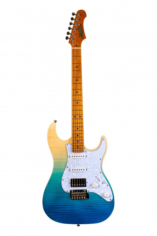 JET JS-450 TBL - электрогитара, Stratocaster, корпус липа с топом из волнистого клена, 22 лада, HSS, tremolo, цвет прозрачный синий