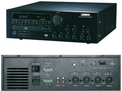 DSPPA MP-7825 Комбинированный микшер -усилитель 250 Вт\100В, 2 зоны 4 микр., 1 Aux вход, фантомное питание, цифровой AM/FM тюнер, CD/DVD/VCD/MP3/MP4 -плеер, USB-порт, функция приоритетов, видео выход. Пульт ДУ. Питание 220-240В