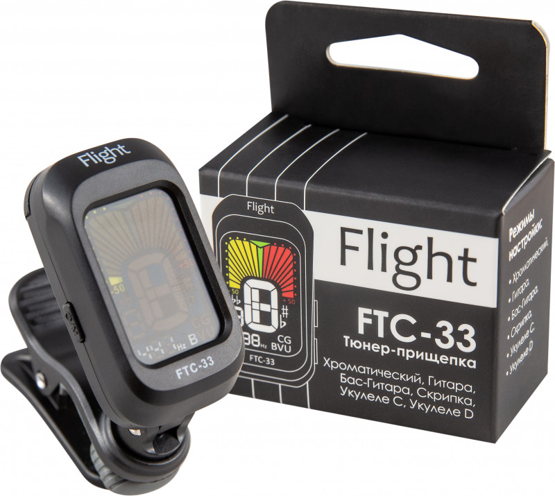 FLIGHT FTC-33 - хроматический тюнер-прищепка. Режимы работы: хроматический/гитара/басгитара/скрипка/