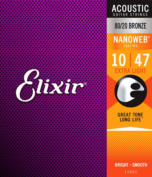 Elixir 11002 NANOWEB Комплект струн для акустической гитары, Extra Light, бронза 80/20, 10-47
