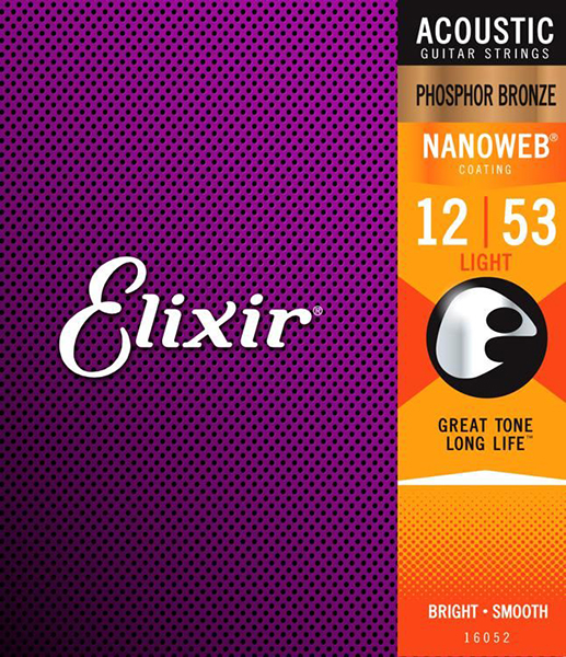Elixir 16052 NANOWEB Комплект струн для акустической гитары, Light, фосфорная бронза, 12-53