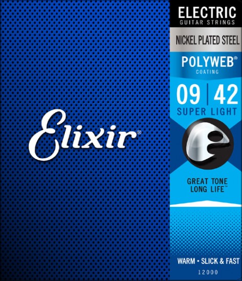 Elixir 12000 POLYWEB Комплект струн для электрогитары, Super Light, никелированная сталь, 9-42