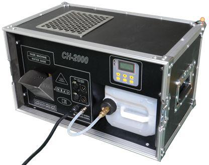 MLB CH-2000 - генератор сценического тумана,  мощность  1200 Вт, время нагрева 3 мин, расход жидкости 1л/3,5 часа , выход дыма до 141 м3 /мин,  DMX 512 (2 канала), LCD дисплей,масса 19 кг , 51x41x30 см