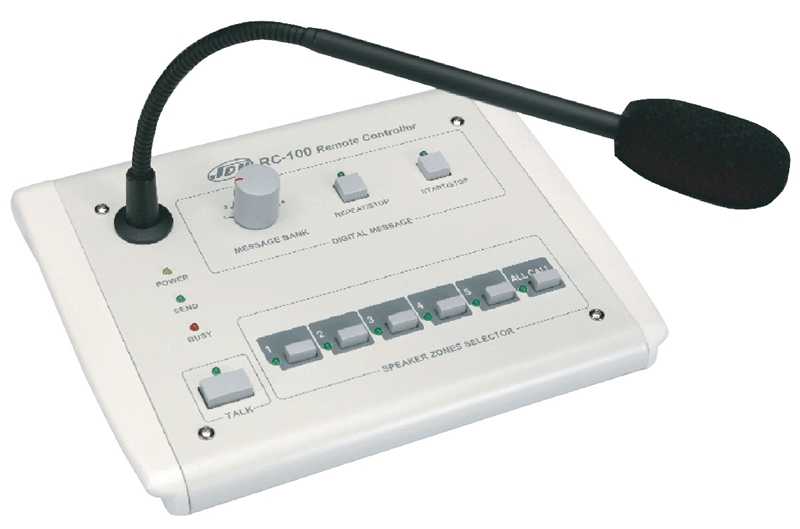 JDM RC-100 Настольный микрофонная станция со встроенным селектором 5 цифровых сообщений, 5 зон, аудио входом, функциями управления аварийного включения, сиреной и приоритетами для усилителей ZA-1xxxA