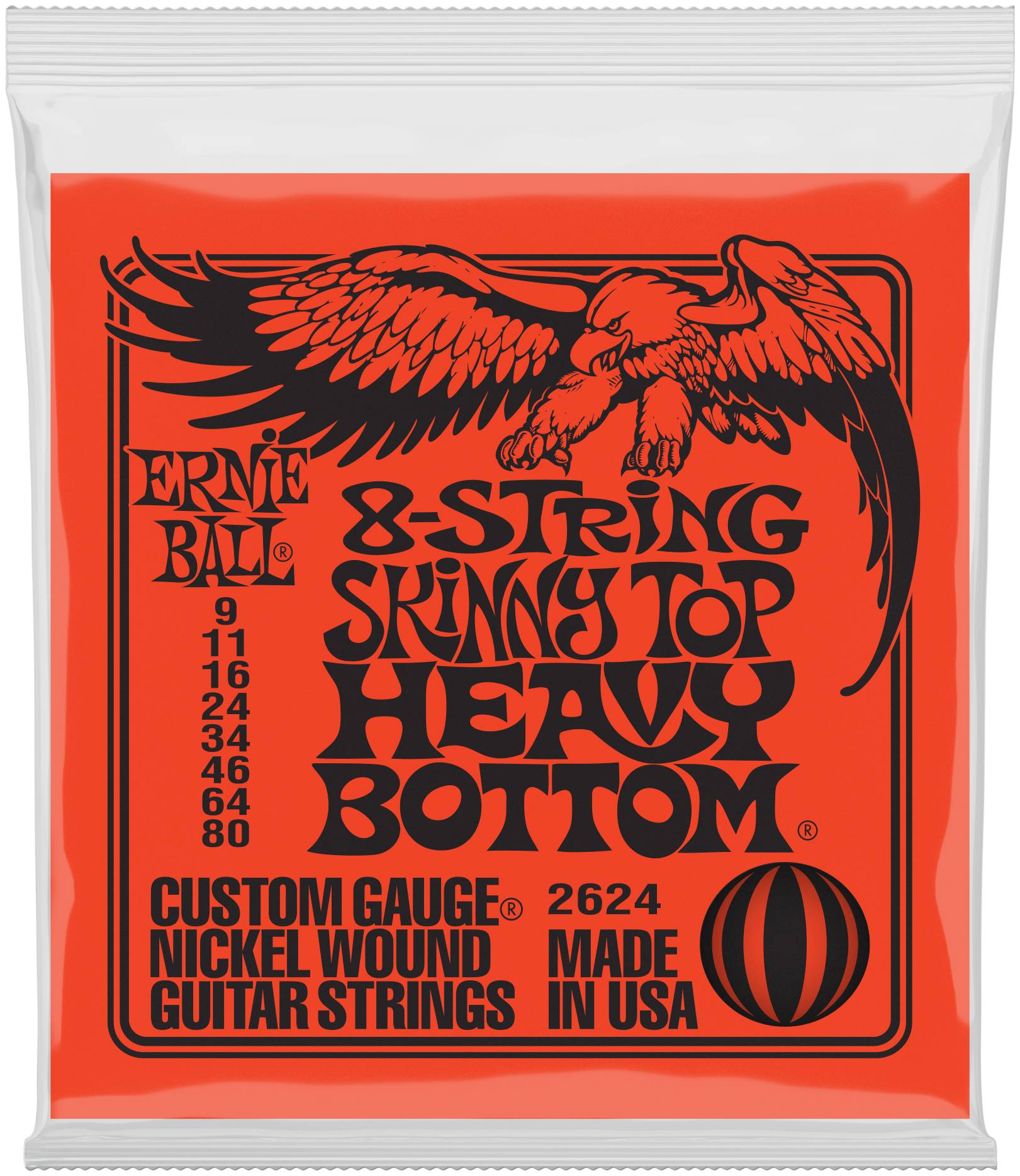 ERNIE BALL 2624 - струны для 8стр. эл.гитары Nickel Wound Skinny Top Heavy Bottom Slinky 8 (9-80)