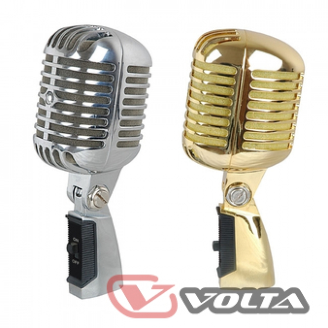 VOLTA VINTAGE SILVER Вокальный динамический микрофон кардиоидный. Металлический ударозащищённый корпус ретро дизайна.  Цвет Satil Silver Частотный диапазон 50-18.000 Гц, сопротивление 600 Ом.  В комплекте кабель  5 м